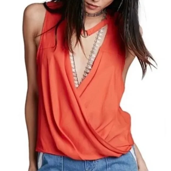 EUC. ✵☽Free People☾✵ Orange <So Fine> Surplice Choker Sleeveless Blouse Top | XS - Picture 1 of 13